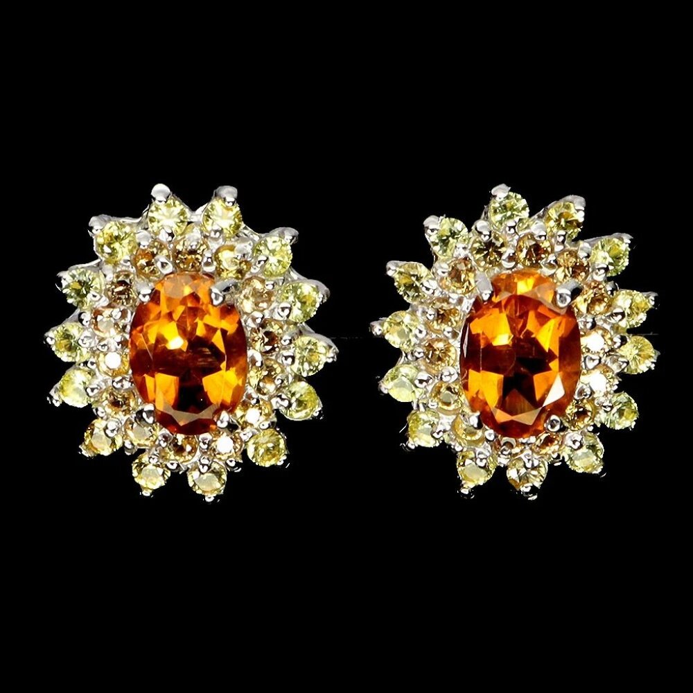 14k/925 silver natural citrine and yellow sapphire cluster stud earrings NEW